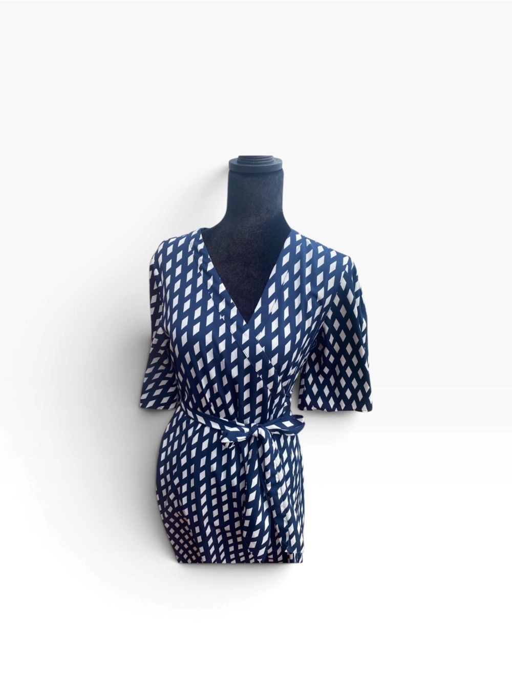 Banana Republic Dress Womens 4P Navy White Geometric Wrap Tie Waist Petite